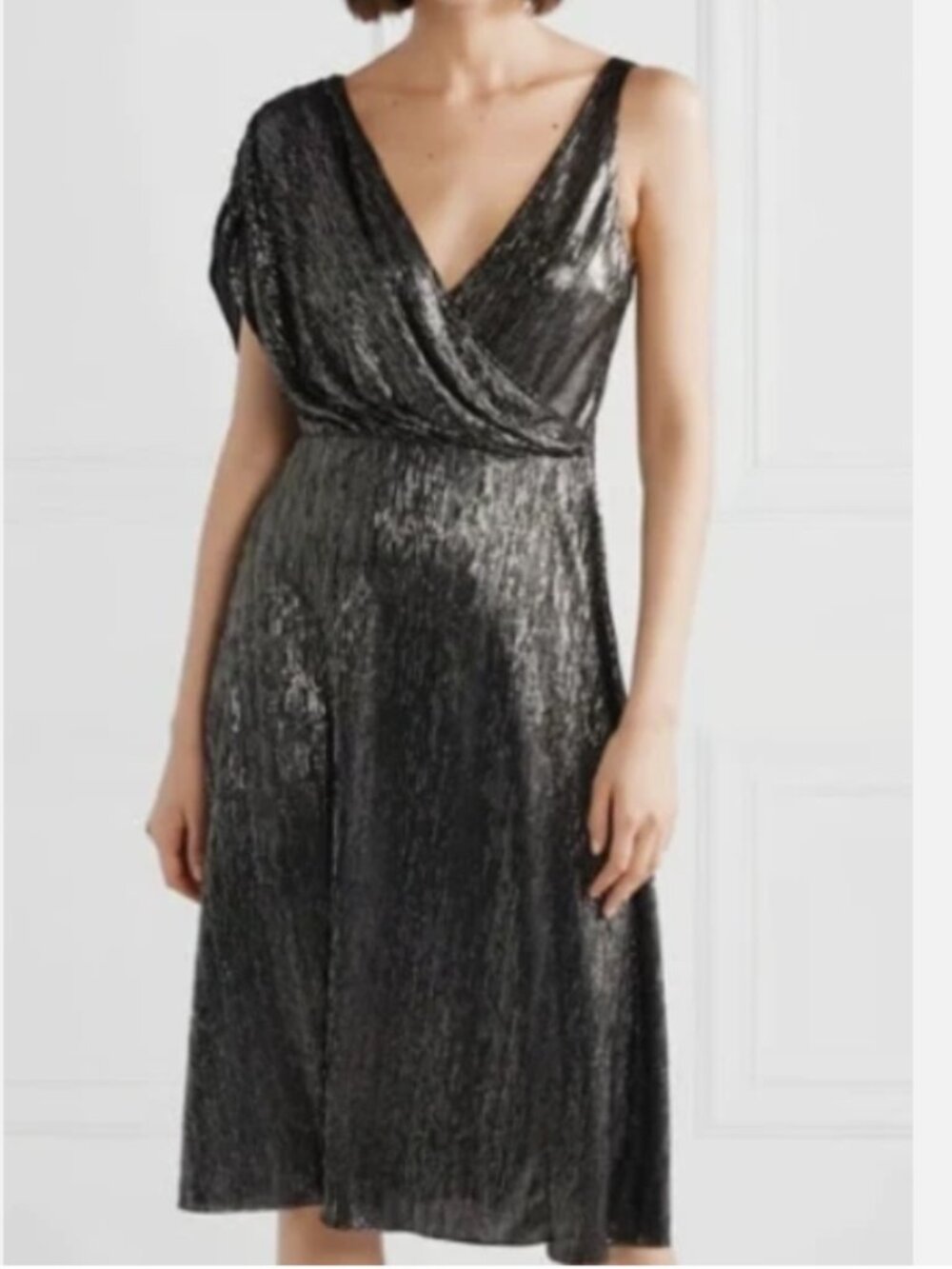 Alice + Olivia Roxy Front-Drape Midi Dress Gold Black Metallic Shimmer Size 2